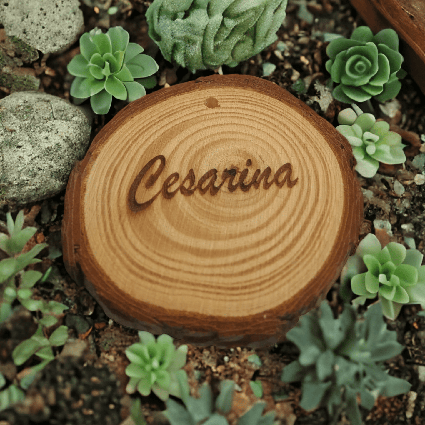 Fire-engraved wood slice